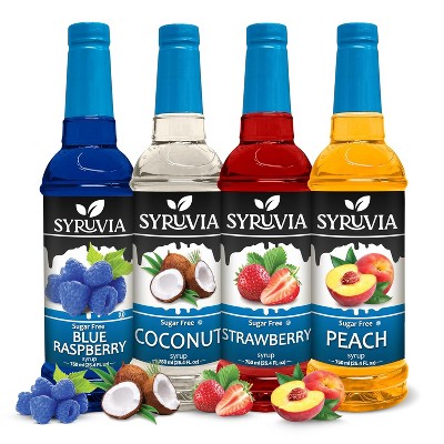 Syruvia Sugar Free Coffee Flavors Variety Pack: Peach, Coconut, Strawberry & Blue Raspberry 25.4 fl oz Syrup