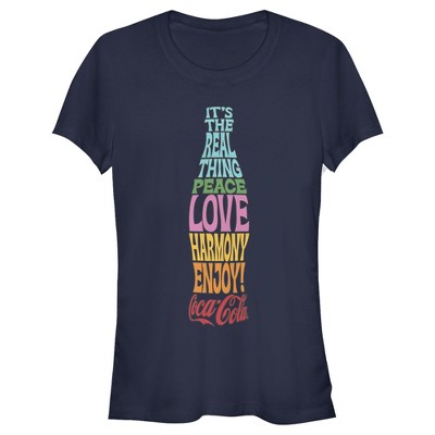 Juniors Womens Coca Cola Unity It's the Real Thing Bottle Logo  T-Shirt - Navy Blue - Large
