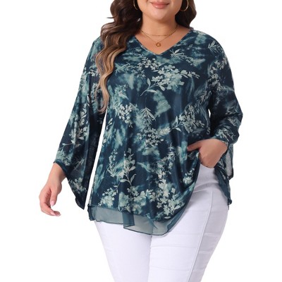 Agnes Orinda Women's Plus Size V Neck 3/4 Flared Sleeve Double Layers Mesh Blouses