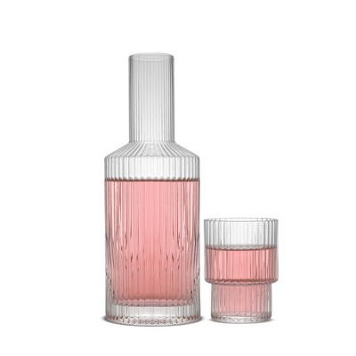 JoyJolt Elle 2 Piece Fluted Bedside Carafe Decanter Set - 26 oz Night Carafe with a 9oz Glass Cup Set