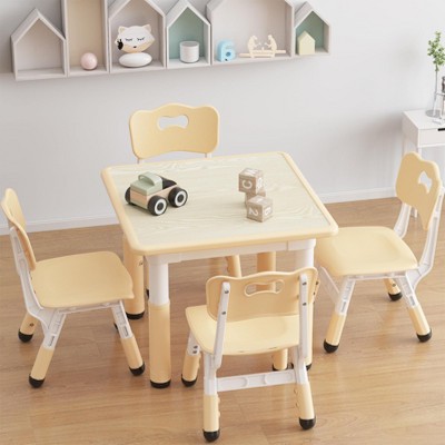 Kids Table and 4 Chairs Set with Graffiti Desktop, Height Adjustable Toddler Table and Chairs Set