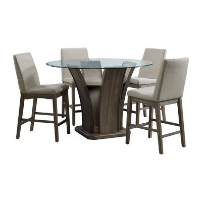 5pc Simms Round Counter Height Dining Set Walnut - Picket House Furnishings: Glass Top, Cream Chairs, Modern Style