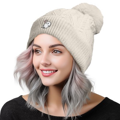 Dalix Heartly Ghost Knit Pom Beanie