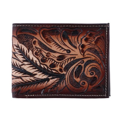 CTM Men's Feather Tooled Leather Bifold Wallet