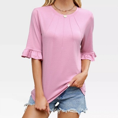 Womens Elbow T-Shirts Flounce Gather Hem Sleeve Solid Round Neck Tops with Front Seam Design Vintage Retro Blouse Everyday Tops
