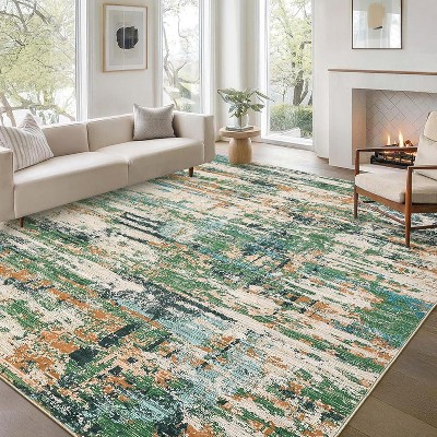 5x7 Green Modern Abstract Rug,Washable Low-Pile Non-Slip Throw Carpet, Foldable Thin Area Rug for Living Room,Bedroom,Dining Room,Office,Home Decor