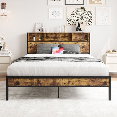 Kumasinova Full/Queen/Twin Bed Frame with Headboard,Metal Platform Bed with Bookshelf,Full/Queen/Twin Size Bed Frame with Charging Station for Adults