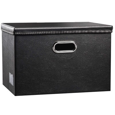Aoibox Large Collapsible Storage Bin with Lid Foldable Leather Organizer Box Cube Black for Home Office Closet