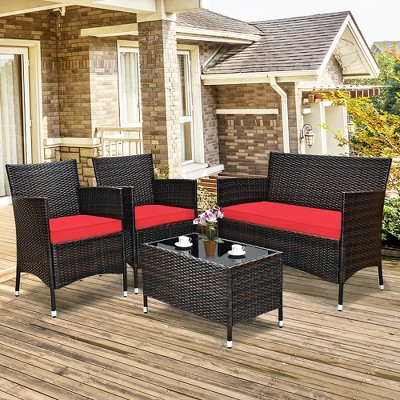 Costway 4PCS Outdoor Patio Rattan Furniture Set Table Shelf Sofa W/ Turquoise/Red/Gray Cushion