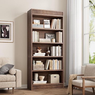 71" Tall Bookcase w/Display Rack & Fluted Design,5 Tier Farmhouse Bookshelf with Wood Base