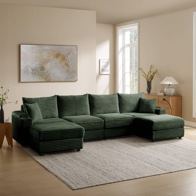 MYINDA 6-Seater L-Shaped Corduroy Sofa Set  with USB Charging Ports, Phone Holders, and Multi-Functional Storage Armrests,GREEN