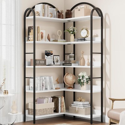 5 Tier Corner Bookshelf, 68.5" Tall L Shaped Bookcase, Metal Frame, Freestanding Display Shelf, for Home Office, Bedroom, Living Room, White