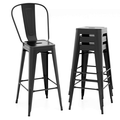 Costway Set of 4 High Back Metal Stool 30'' Seat Bar Height Industrial Bar Stools Gun/Black