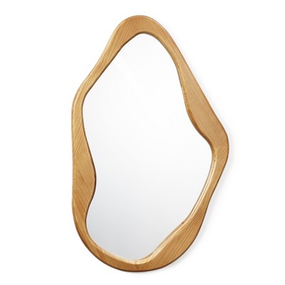 LuxenHome Asymmetrical Wall Mirror 39.2" x 24.2" Natural Pine Wood Frame Irregular Hanging Decorative Mirror for Bathroom Bedroom Entryway