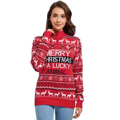 Women's Ugly Christmas Sweater Mock Turtleneck Quarter Zip Pullover Long Sleeve Knit Pullover Tops