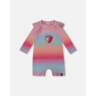 Deux par Deux Girl Long Sleeve One-Piece Rashguard Pink, Orange, and Turquoise