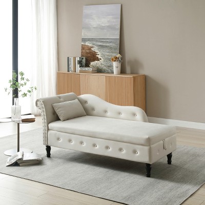 Aijia 60" Velvet Storage Chaise Lounge - 2-in-1 Tufted Bench with Solid Wood Legs, Nailhead Trim & Pillow, 300lb Capacity for Bedroom/Living Room