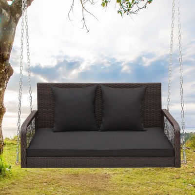Costway Patio Wicker Porch Swing 2-Person Hanging Loveseat Bench Chair with Cushions Beige/Black
