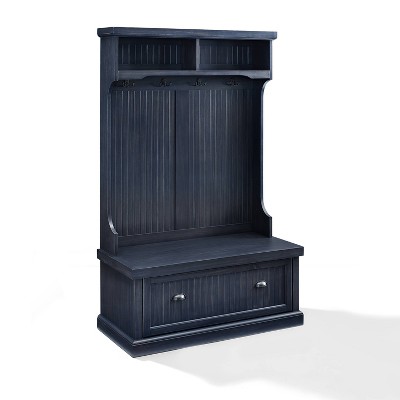 Crosley Seaside Hall Tree Distressed Navy: Coastal Entryway Furniture with Storage Hooks, Hardwood Frame