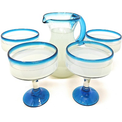 Dos Sueños Mexican Hand Blown Glassware Combo Set - Aqua Rim Pitcher and Margarita Glasses