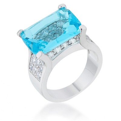 Slickblue Stunning Aqua Cocktail Ring, 15.4ct Round CZ, Rhodium-Plated for Women, Bold Statement, Size 5-10