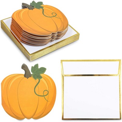 Pipilo Press Pumpkin Shaped Notecards and Gold Foil Envelopes for Thanksgiving and Halloween Parties (4.75 x 4.75 In, 24 Pack)