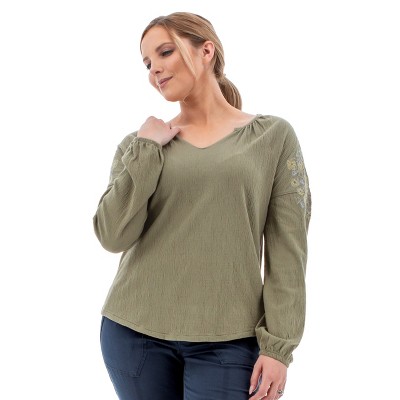 Aventura Clothing Women's Nyla Embroidered Long Sleeve Split Neck Blouse