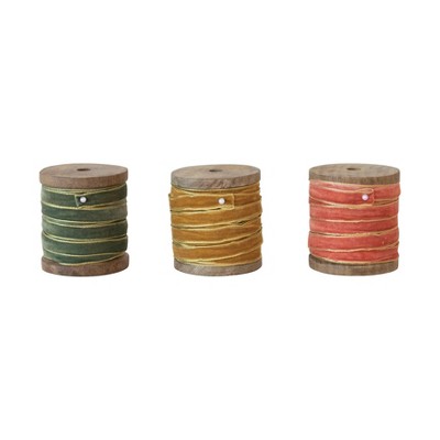 Storied Home Velvet Ribbon with Metallic Edges on Wood Spool, Multicolor, Set of 3