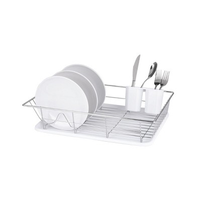 Trio Home Stainless 3-Piece Dish Drying Drainer Rack, Removable Utensil Holder and Drainboard - White