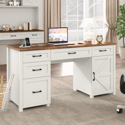 Rustic Office Desk Computer Desk with Charging Station, File Drawers and Storage Cabinet