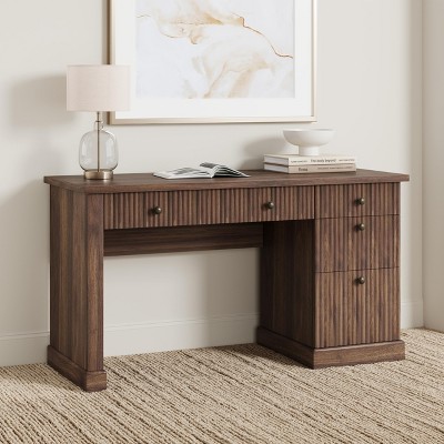 GustoWave Fluted Home Office Desk Storage, 54" Modern Executive Desk, Wooden Computer Writing Desk with File Cabinet & Drawers