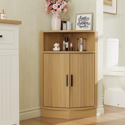 Corner Storage Cabinet with Fluted Door and Open Shelf, Space Saver