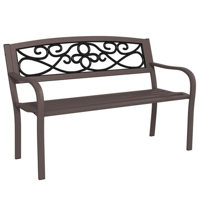 Resenkos Garden Bench, Patio Bench,50" Outdoor Bench, Metal Garden Bench with Floral Pattern Backrest, Porch Bench, Brown Brown, Black