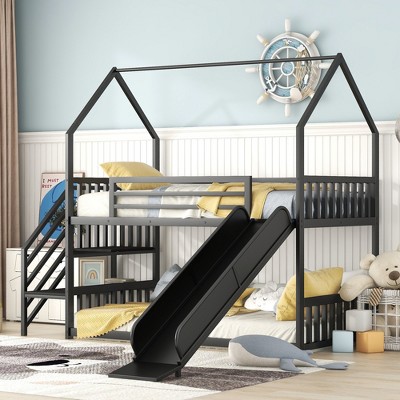 Twin Over Twin Metal Bunk Bed with Slide and Staircase