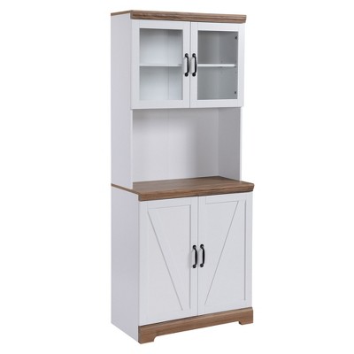 HOMCOM 69" Farmhouse Kitchen Buffet with Hutch, Kitchen Cupboard Storage Cabinet with Glass Doors, Adjustable Shelves, Open Microwave Countertop White