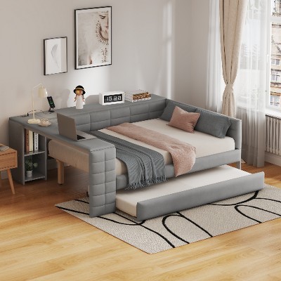 Lyngins Wood Twin Size Frame, Platform Bed Frame with Upholstered Headboard – Built-In Storage Shelves, 2 Drawers, Charging Station, Storage Bed