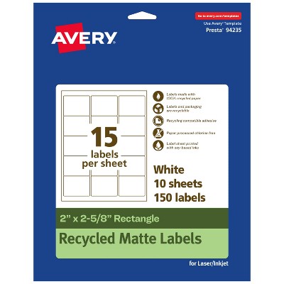 Avery Recycled Matte White Labels,  2" x 2-5/8" Rectangle