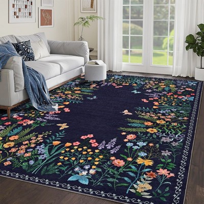 Coolmee Area Rugs for Living Room Floral Washable Rug Soft Boho Non-Slip Carpet Indoor Floor Carpets for Bedroom Dining Room
