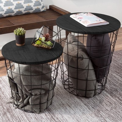 Hasting Home Set of 2 Nesting Tables with Storage - End Tables with Removable Wood Tops and Metal Basket Frame