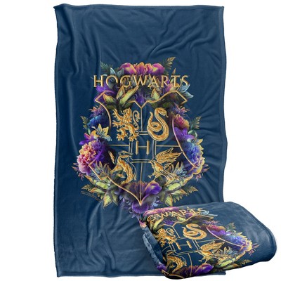 Harry Potter Hogwarts Multi-Colored Floral Crest Silky Touch Super Soft Throw Blanket 36" x 58" Hogwarts Multi-Colored Floral Crest  Blue