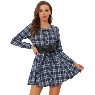 INSPIRE CHIC Women's Plaids Long Sleeves Belted Mini A Line Shirt Dress