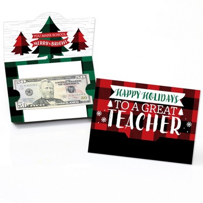 Big Dot of Happiness Plaid Teacher Appreciation - Holiday and Christmas Gifts Money And Gift Card Holders - Set of 8