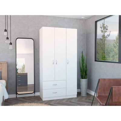TIRAMISUBEST White 3-Door Armoire with 2 Drawers & Clothing Rod - Double Door Wardrobe Cabinet, Space-Saving Storage (51"H x 23"W)