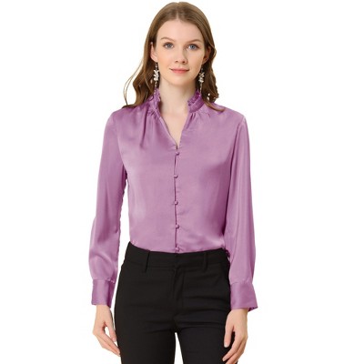 INSPIRE CHIC Women's Ruffled Stand Collar Long Sleeve Button Elegant Satin Shirt