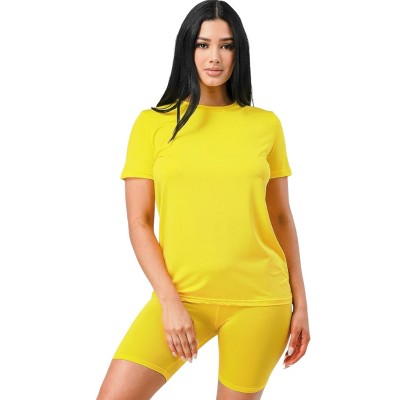 Slickblue Women's Two-Piece Top and Biker Shorts Set, Slim Fit, Activewear Outfit, Yellow/Blue, Size S-L