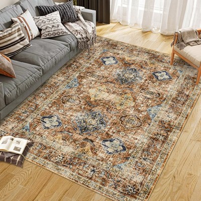 Oriental Diamond Print Area Rug - Vintage Distressed Colors,Low-Pile,Washable,Non-Slip,Rugs for Living Room,Bedroom, Kitchen
