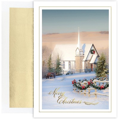 Masterpiece Studios Holiday Collection 16-Count Christmas Cards with Foil Lined Envelopes, Country Church,"5.62" x 7.87" (895800)