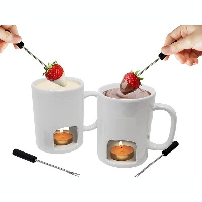 KOVOT Personal Fondue Mugs Set of 2 | Ceramic Mugs for Chocolate or Cheese | Includes Forks and Tealights