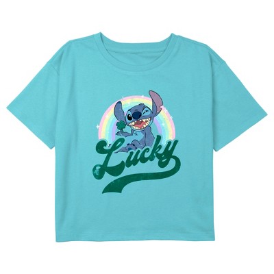 Girl's Lilo & Stitch Lucky Rainbow Wink Distressed Graphic Graphic Cropped T-Shirt