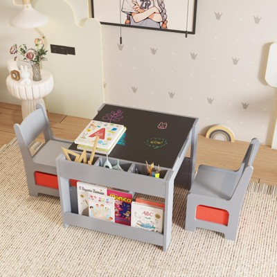 Kids Table and Chair Set, 4 in 1 Wooden Activity Table & 2 Chairs with Storage Drawer Detachable Tabletop for Toddlers Kids Drawing, Reading